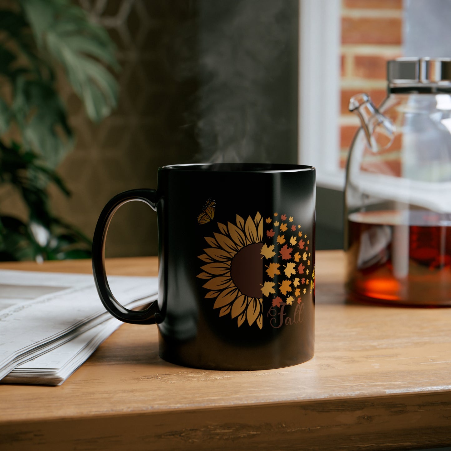 Fall Sunflower Butterflies Mug, Hello Autumn Mug, 11oz Black Mug
