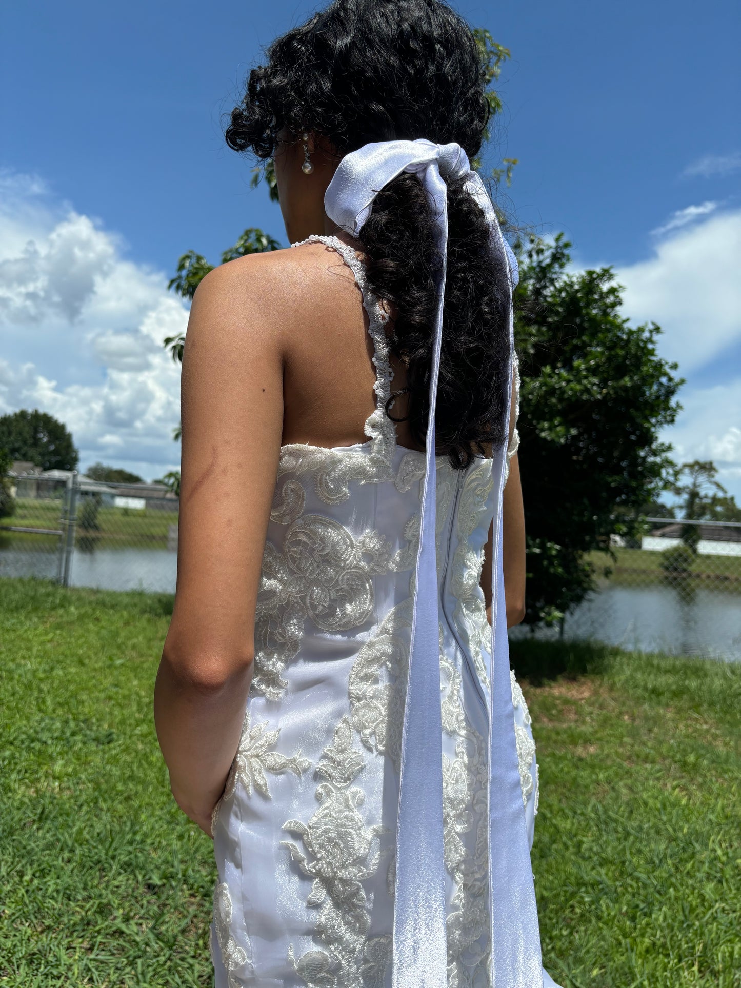 Bridal Long Bow Hair Ribbon, Wedding Hair Bow Headpiece - GRACE