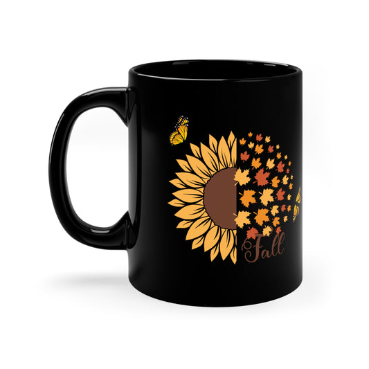 Fall Sunflower Butterflies Mug, Hello Autumn Mug, 11oz Black Mug