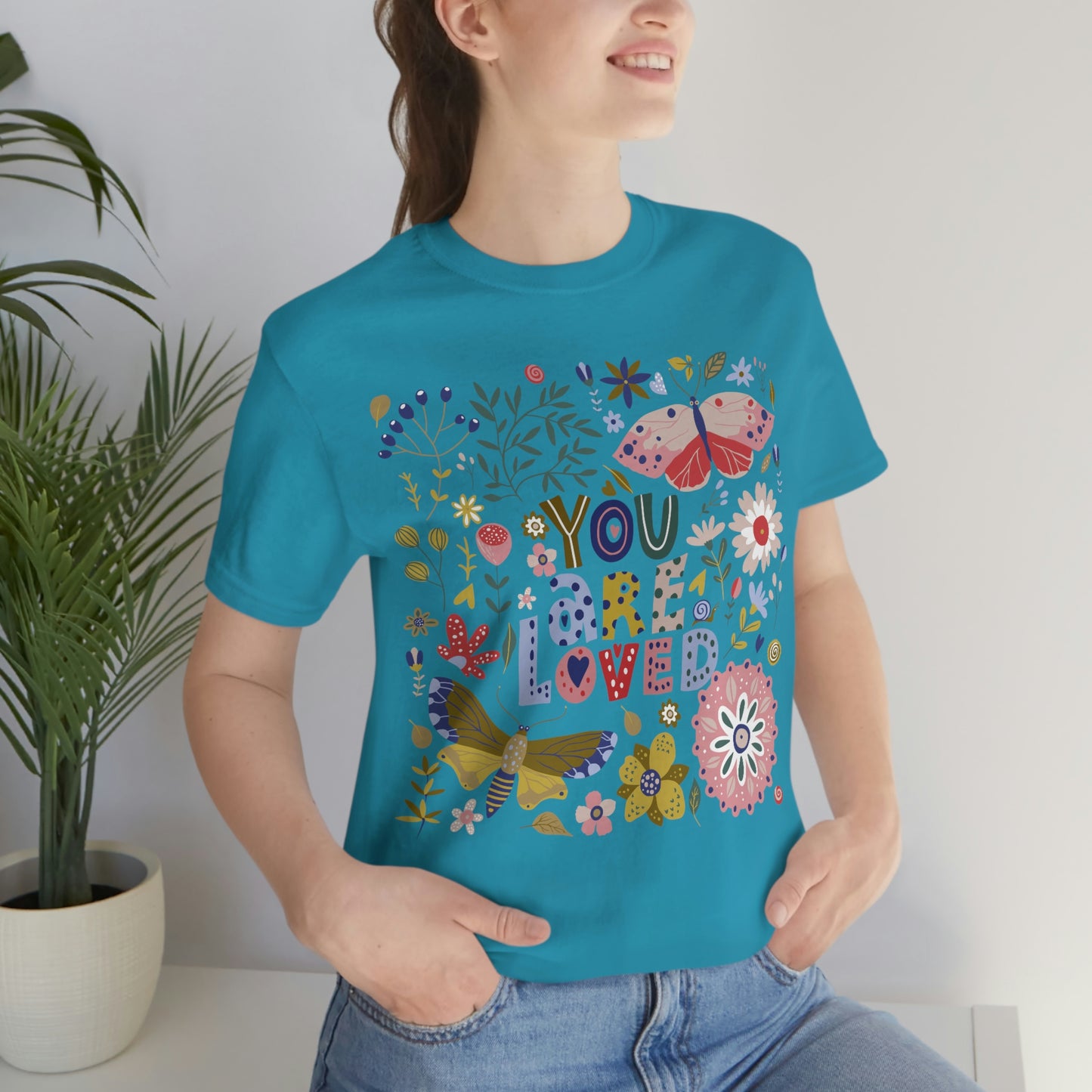 You Are Loved Floral with Butterflies Design T-Shirt, Share Love Message, Unisex Jersey Short Sleeve Tee