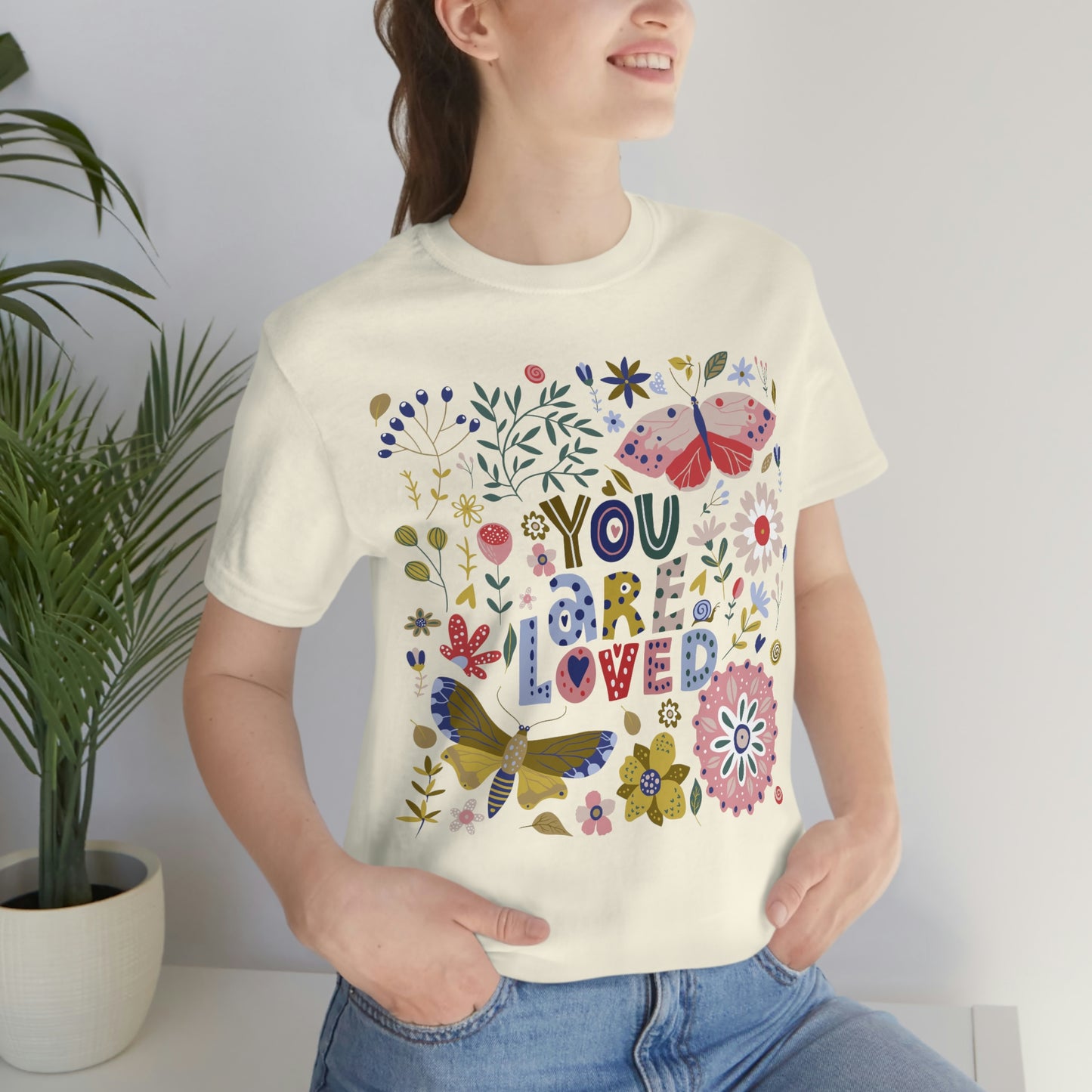 You Are Loved Floral with Butterflies Design T-Shirt, Share Love Message, Unisex Jersey Short Sleeve Tee